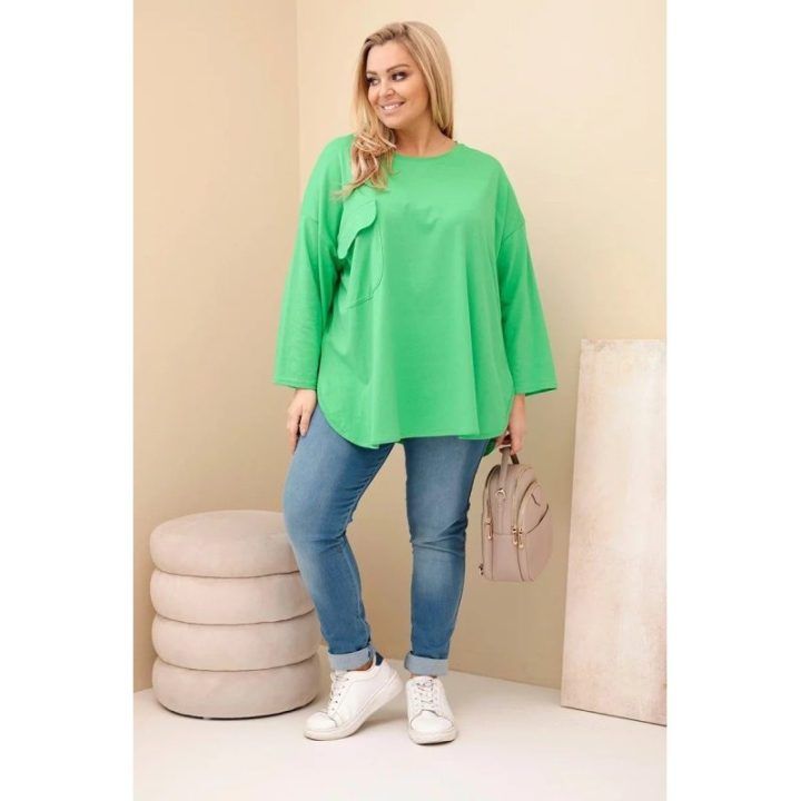 Moteriška Plus Size palaidinė su kišene ir rankovėmis, šviesiai žalios spalvos
