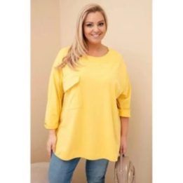 Moteriška Plus Size palaidinė su medvilne, kišene ir rankovėmis su atvartais, geltonos spalvos