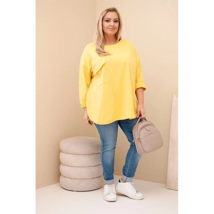 Moteriška Plus Size palaidinė su medvilne, kišene ir rankovėmis su atvartais, geltonos spalvos