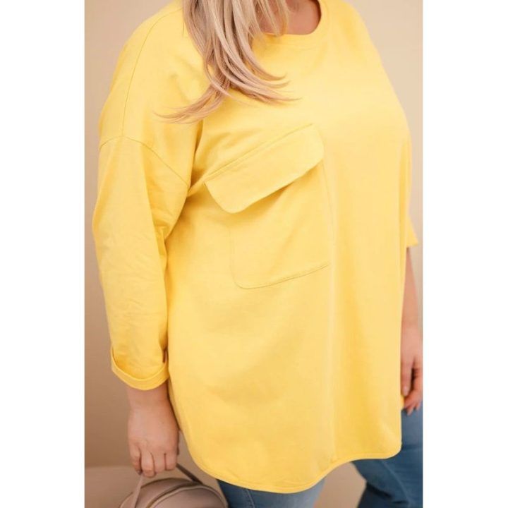 Moteriška Plus Size palaidinė su medvilne, kišene ir rankovėmis su atvartais, geltonos spalvos