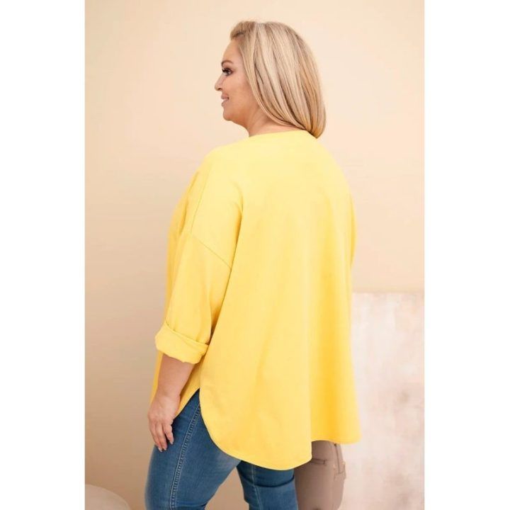 Moteriška Plus Size palaidinė su medvilne, kišene ir rankovėmis su atvartais, geltonos spalvos