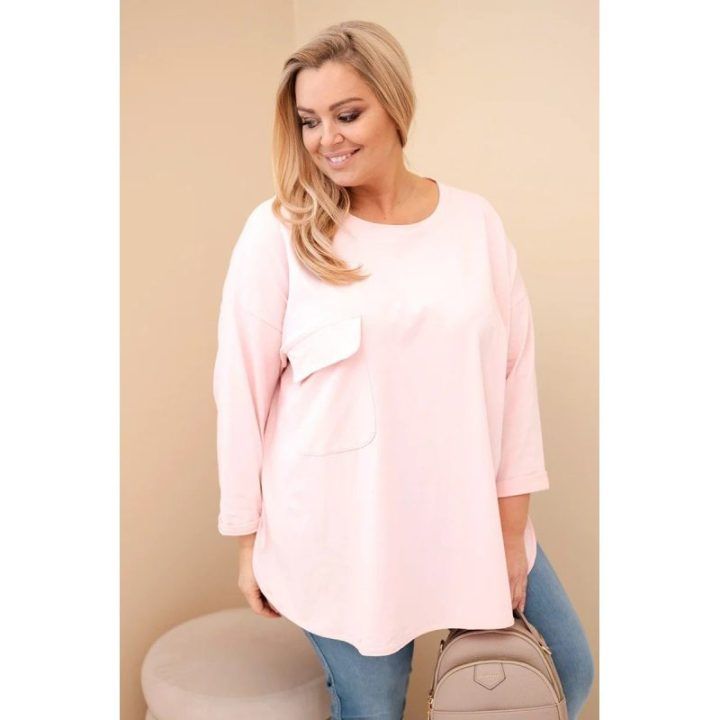 Moteriška Plus Size palaidinė su kišene, pudrinės rožinės spalvos