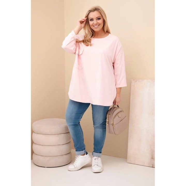 Moteriška Plus Size palaidinė su kišene, pudrinės rožinės spalvos