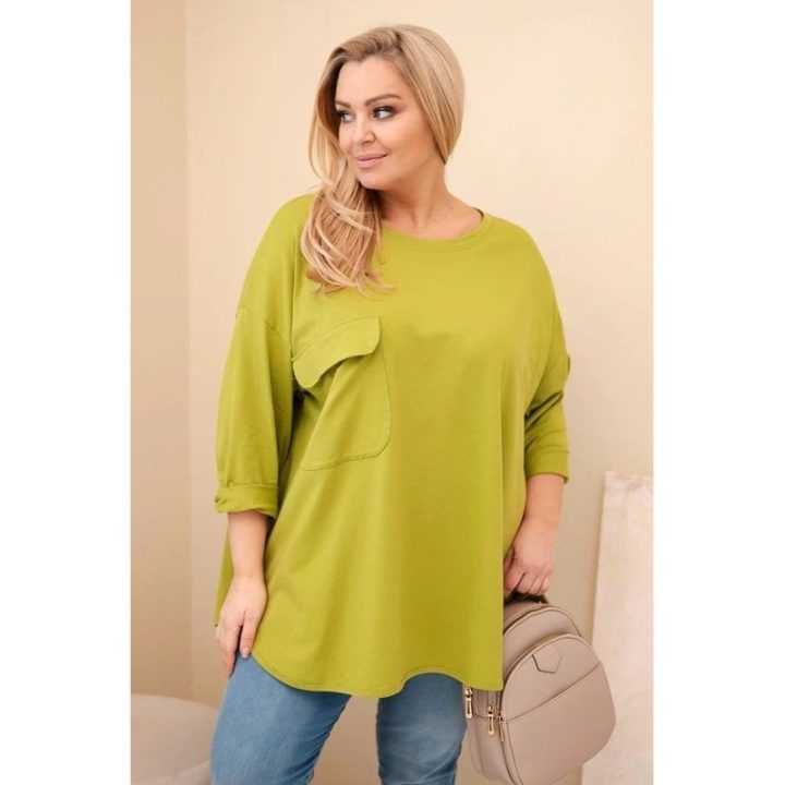 Moteriška Plus Size palaidinė su kišene, alyvuogių žalios spalvos