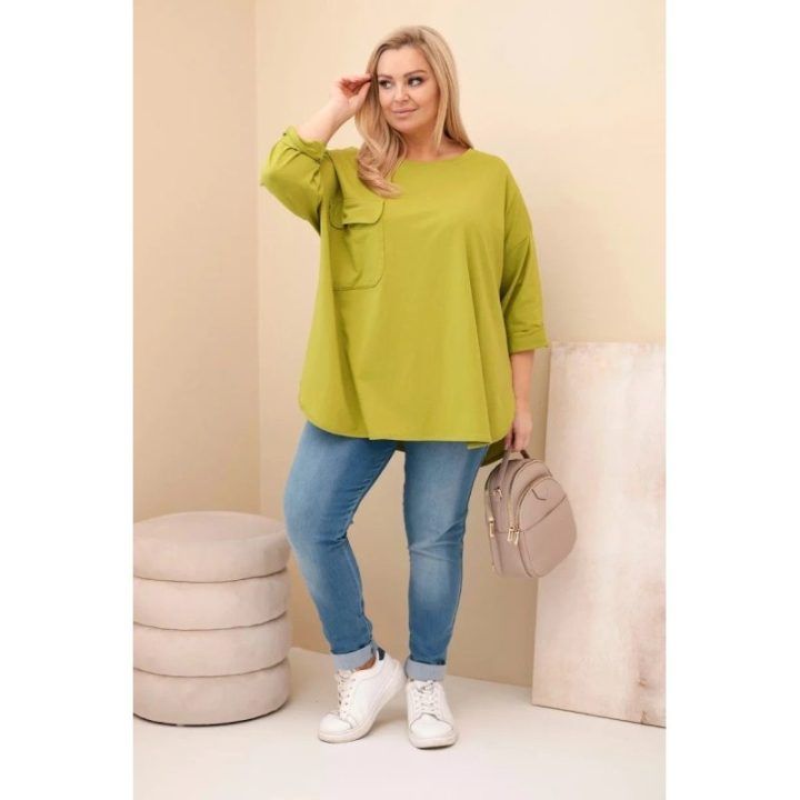 Moteriška Plus Size palaidinė su kišene, alyvuogių žalios spalvos