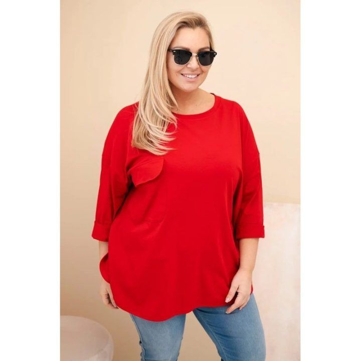 Moteriška Plus Size raudona palaidinė su medvilne ir kišene