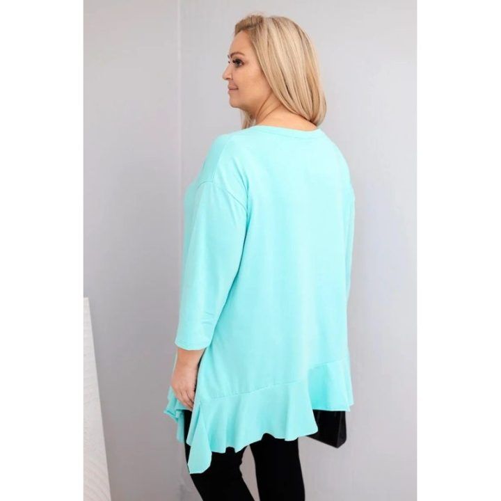 Moteriška Plus Size palaidinė su medvilne, raukiniais ir 3/4 rankovėmis, mėtų spalvos