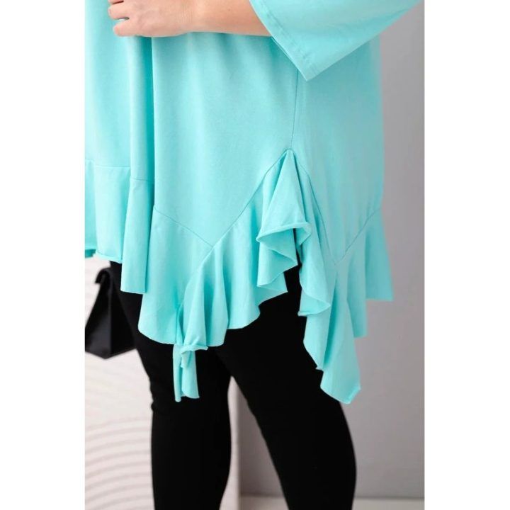 Moteriška Plus Size palaidinė su medvilne, raukiniais ir 3/4 rankovėmis, mėtų spalvos