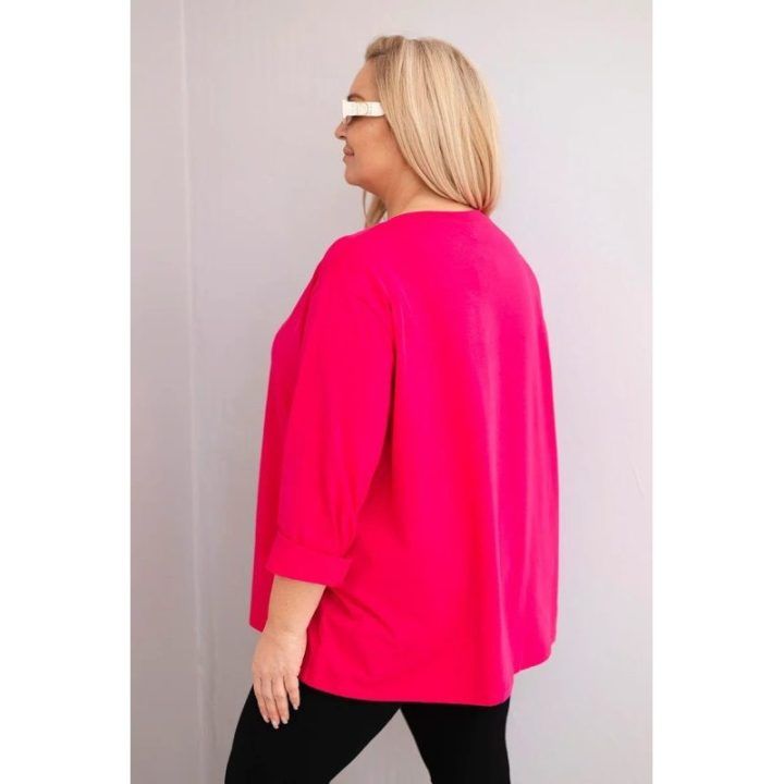 Moteriška Plus Size palaidinė su medvilne, ilgomis rankovėmis, fuksijos spalvos