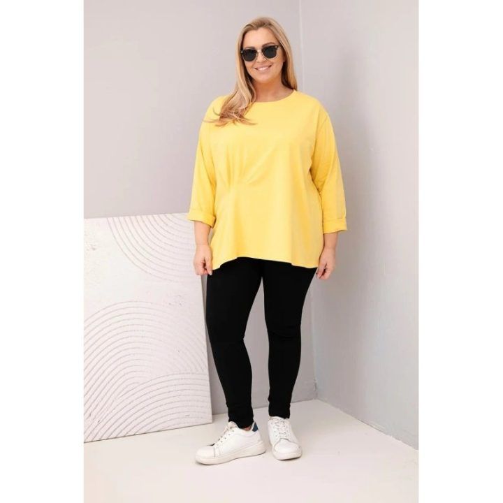 Moteriška Plus Size medvilninė palaidinė ilgomis rankovėmis, geltonos spalvos