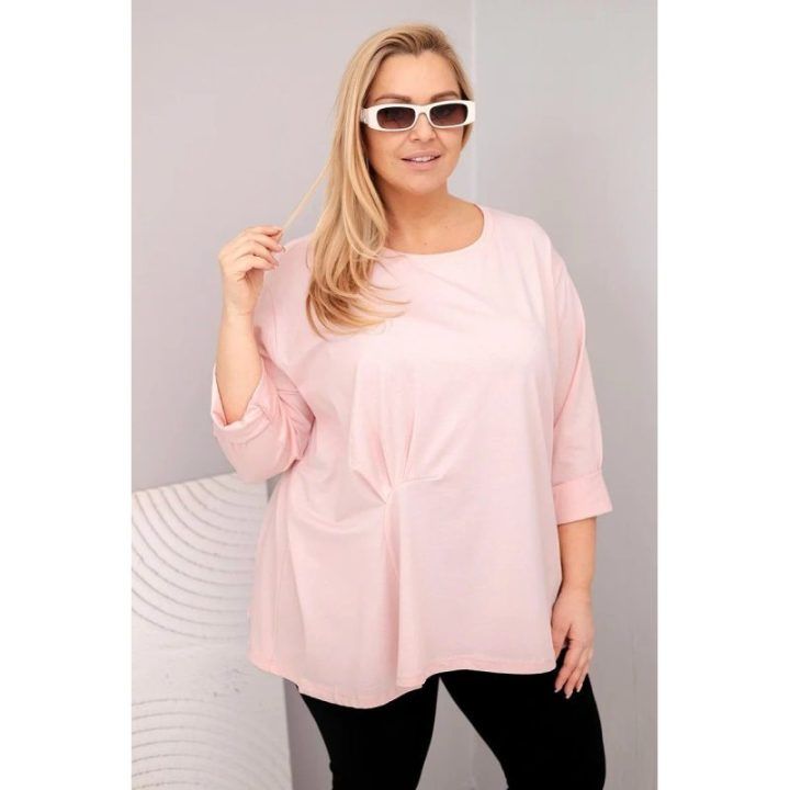 Moteriška Plus Size palaidinė su medvilne ir raukiniu, rausvos spalvos