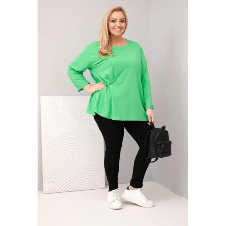 Moteriška Plus Size palaidinė su medvilne, ilgomis rankovėmis ir raukiniu, šviesiai žalios spalvos