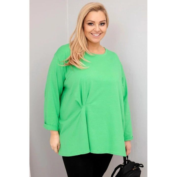 Moteriška Plus Size palaidinė su medvilne, ilgomis rankovėmis ir raukiniu, šviesiai žalios spalvos