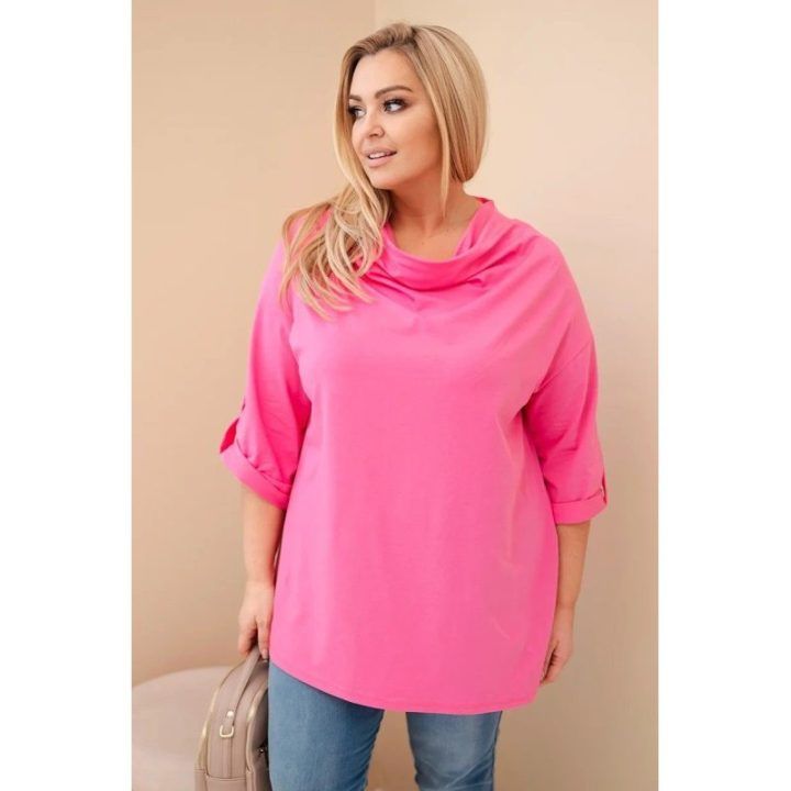 Moteriška Plus Size palaidinė su medvilne ir V formos iškirpte, rožinės spalvos