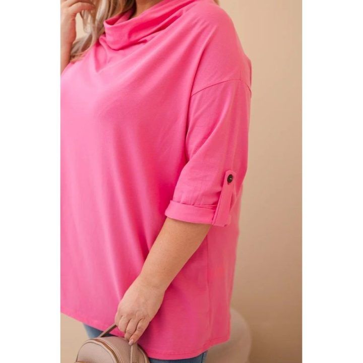Moteriška Plus Size palaidinė su medvilne ir V formos iškirpte, rožinės spalvos