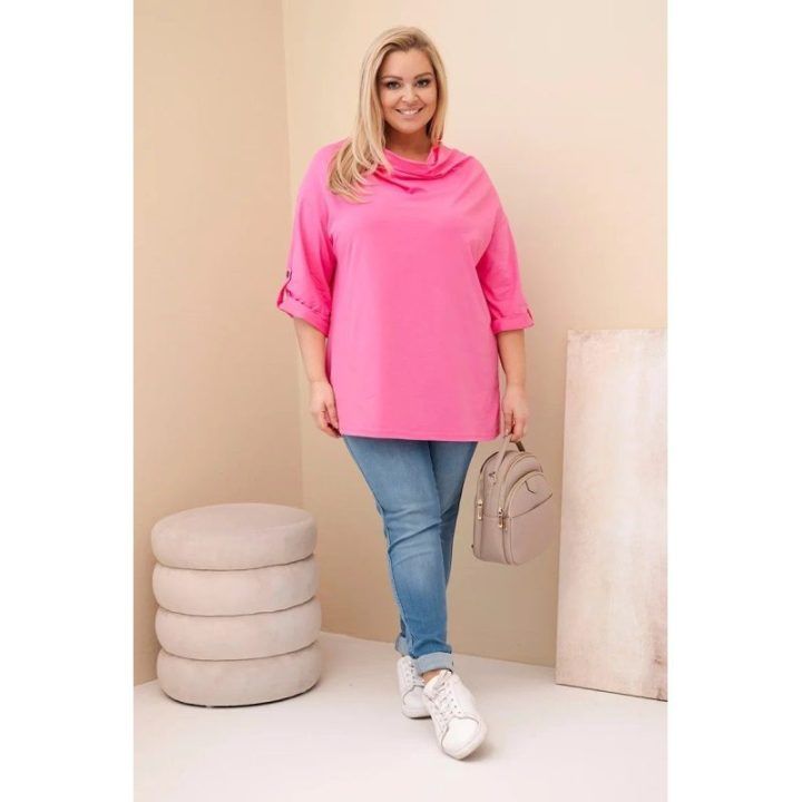 Moteriška Plus Size palaidinė su medvilne ir V formos iškirpte, rožinės spalvos