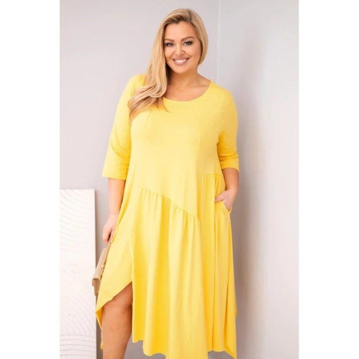 Moteriška Plus Size suknelė su asimetriniu apačios kirpimu, geltonos spalvos