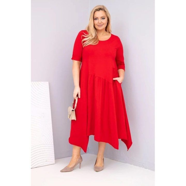 Moteriška Plus Size suknelė su asimetrišku kraštu, raudonos spalvos