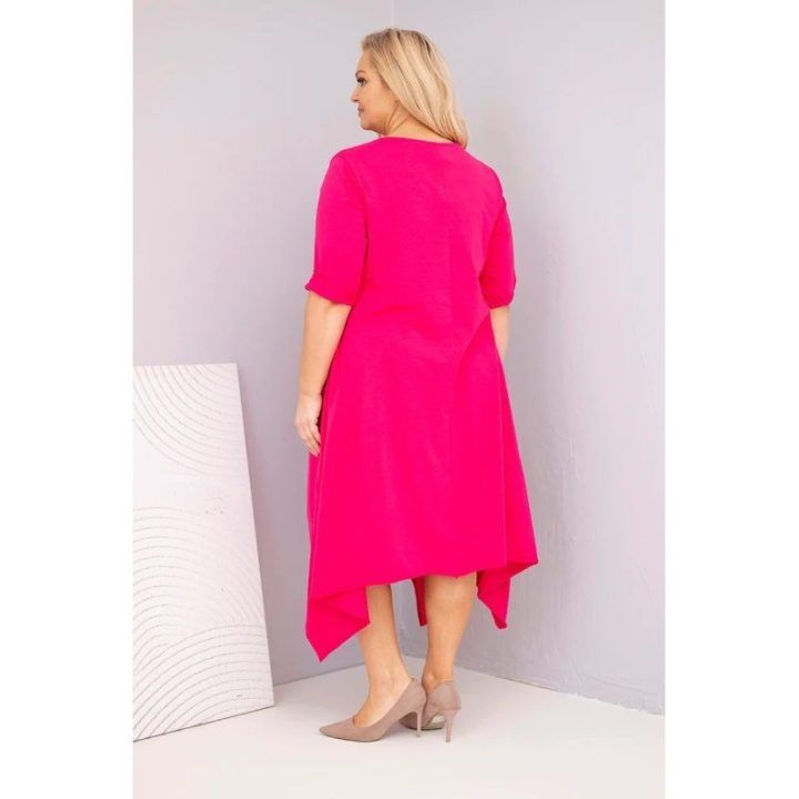 Moteriška Plus Size suknelė su asimetriniu apačios kirpimu, fuksijos spalvos