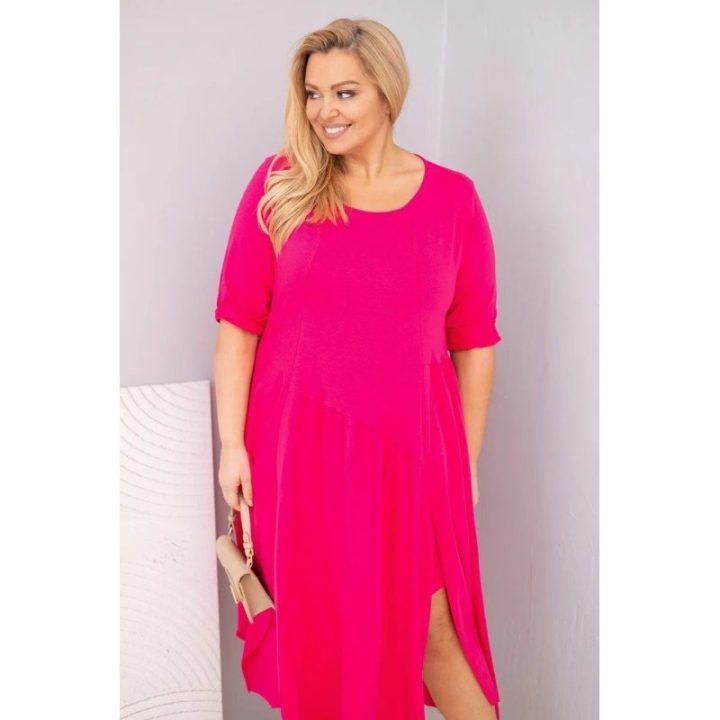 Moteriška Plus Size suknelė su asimetriniu apačios kirpimu, fuksijos spalvos