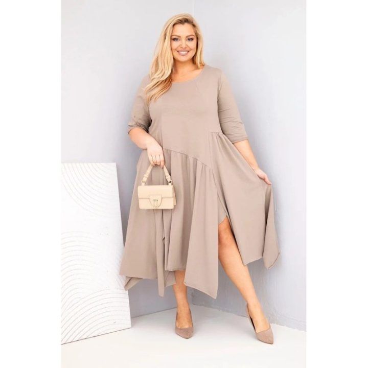 Moteriška Plus Size suknelė su asimetrišku apačios kraštu, kapučino spalvos