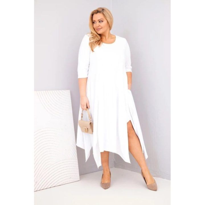 Moteriška Plus Size balta suknelė asimetrišku apačios kraštu