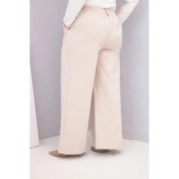 Moteriškos Plus Size kelnės plačiomis klešnėmis ir aukštu liemeniu, smėlio spalvos