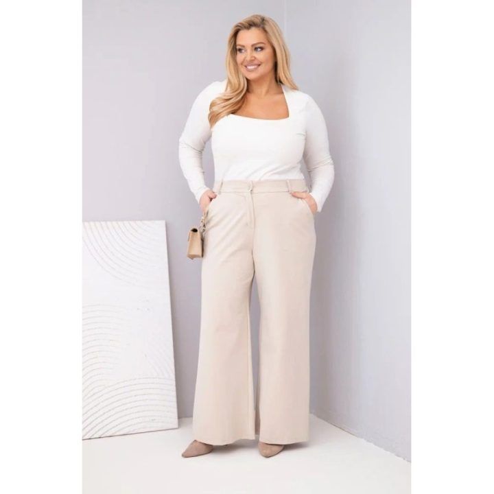 Moteriškos Plus Size kelnės plačiomis klešnėmis ir aukštu liemeniu, smėlio spalvos