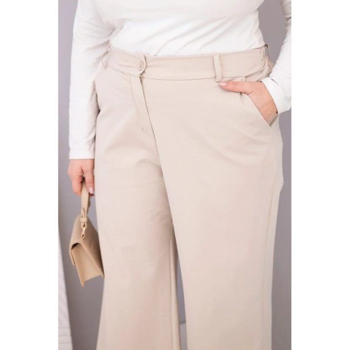 Moteriškos Plus Size kelnės plačiomis klešnėmis ir aukštu liemeniu, smėlio spalvos