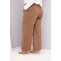 Moteriškos Plus Size kelnės plačiomis klešnėmis ir aukštu liemeniu, šviesiai smėlio spalvos