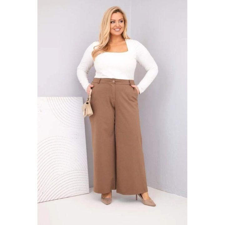 Moteriškos Plus Size kelnės plačiomis klešnėmis ir aukštu liemeniu, šviesiai smėlio spalvos
