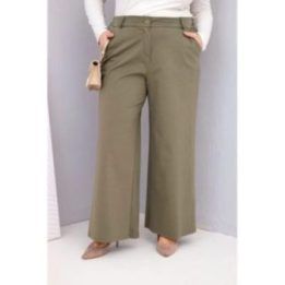Moteriškos Plus Size kelnės plačiomis klešnėmis ir aukštu liemeniu, chaki spalvos