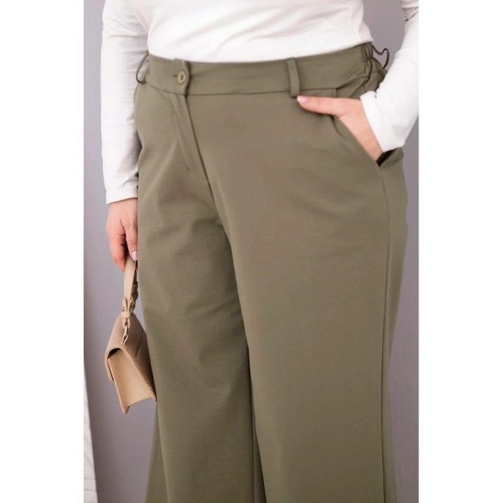 Moteriškos Plus Size kelnės plačiomis klešnėmis ir aukštu liemeniu, chaki spalvos