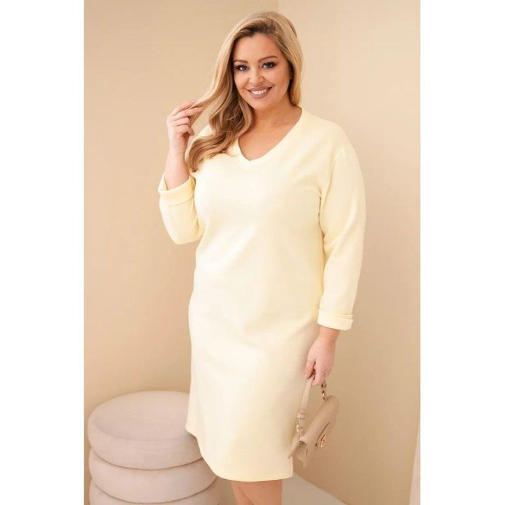 Moteriška Plus Size suknelė su V formos iškirpte, geltonos spalvos