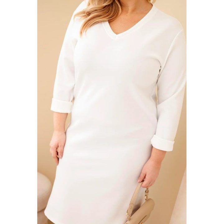 Moteriška Plus Size suknelė su V formos iškirpte, baltos spalvos