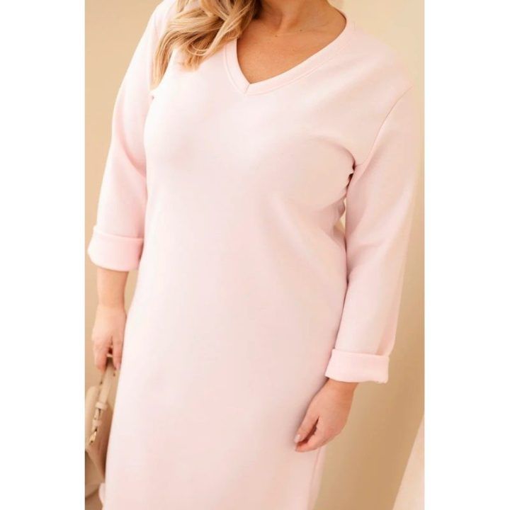 Moteriška Plus Size suknelė su V formos iškirpte, pudrinės rožinės spalvos