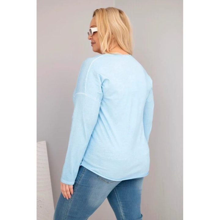 Moteriška Plus Size palaidinė su V formos iškirpte ir ilgesne nugara, mėlynos spalvos