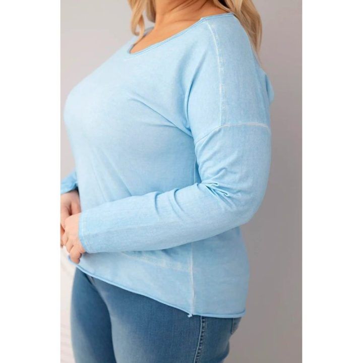 Moteriška Plus Size palaidinė su V formos iškirpte ir ilgesne nugara, mėlynos spalvos
