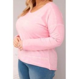 Moteriška Plus Size palaidinė su V formos iškirpte ir ilgesne nugara, šviesiai rožinė