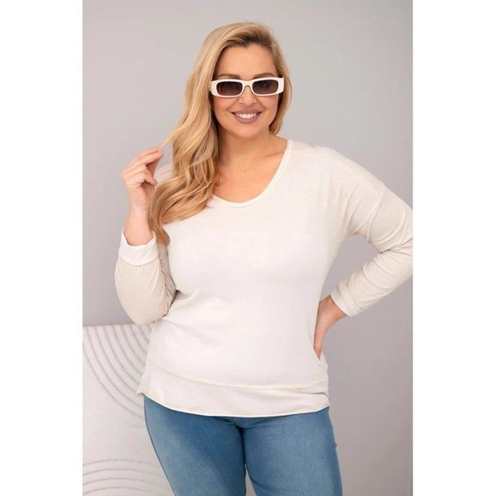 Moteriška Plus Size palaidinė su V formos iškirpte ir ilgesne nugara, smėlio spalvos