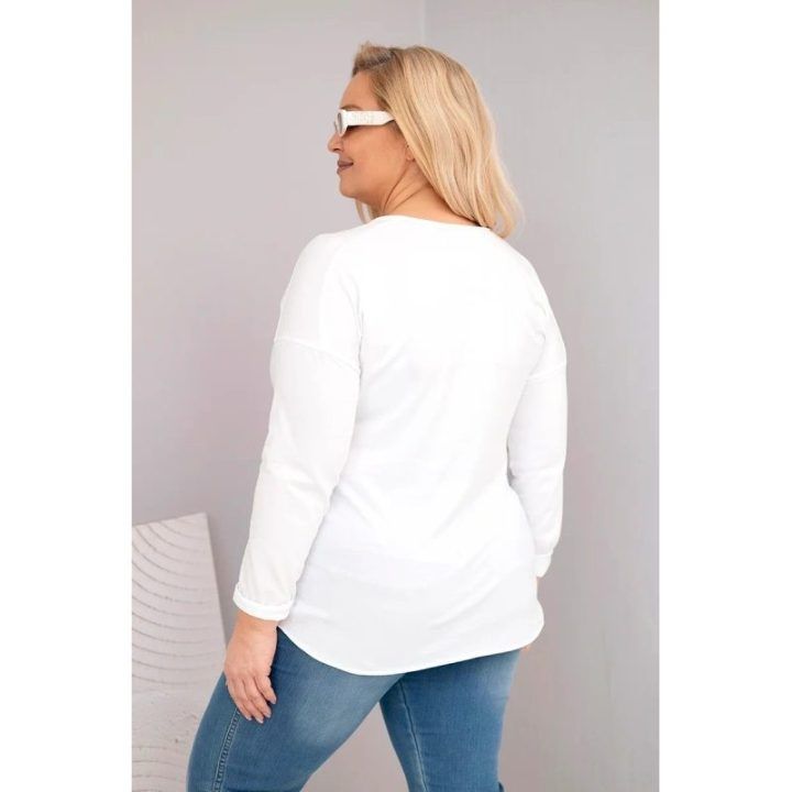 Moteriška Plus Size balta palaidinė su V formos iškirpte ir ilgesne nugara
