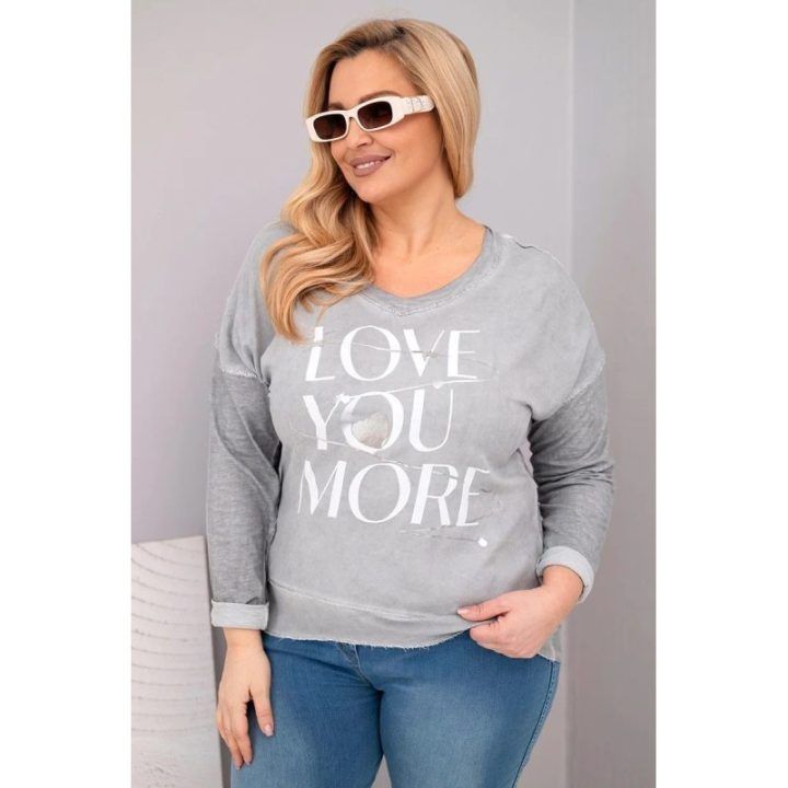 Moteriška Plus Size palaidinė su užrašu Love You More, pilkos spalvos