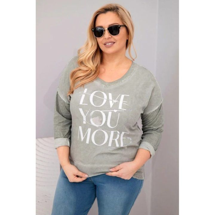Moteriška Plus Size chaki palaidinė su užrašu „Love You More“