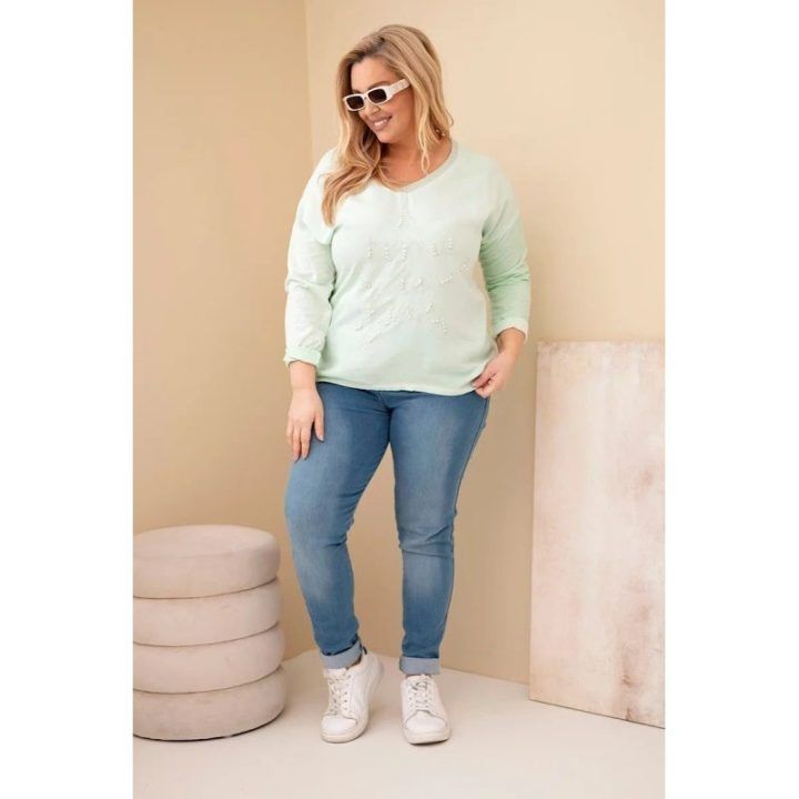 Moteriška Plus Size palaidinė su dekoratyviniu užrašu „Time to Shine“, mėtų spalvos