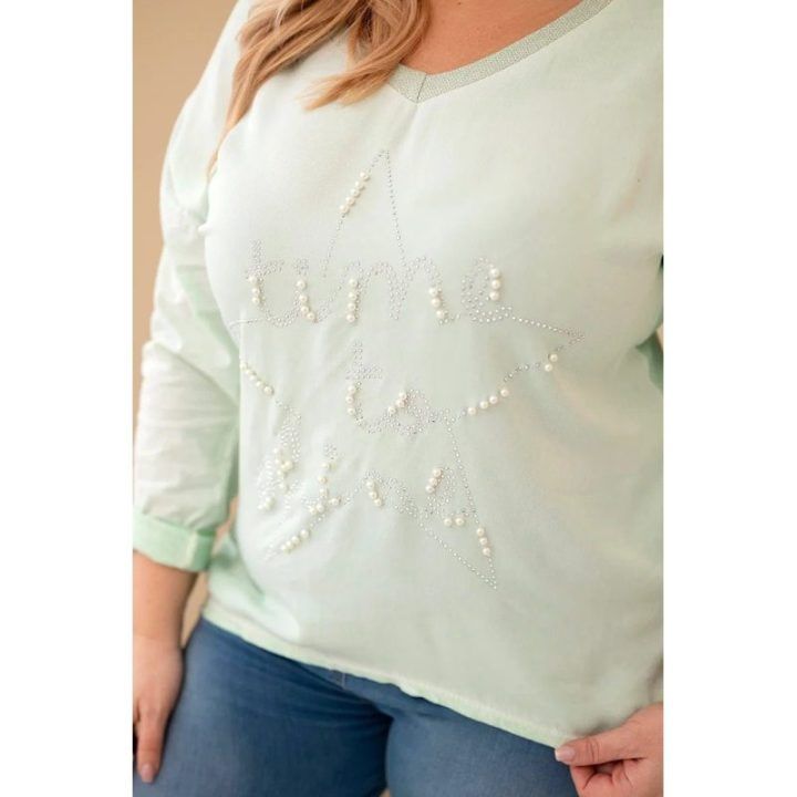 Moteriška Plus Size palaidinė su dekoratyviniu užrašu „Time to Shine“, mėtų spalvos