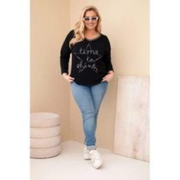 Moteriška Plus Size palaidinė su dekoratyviniu užrašu ir perliukais, juodos spalvos
