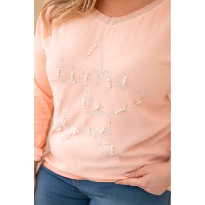 Moteriška Plus Size palaidinė su blizgančiu užrašu, abrikosų spalvos