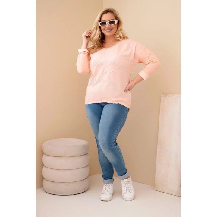 Moteriška Plus Size palaidinė su blizgančiu užrašu, abrikosų spalvos