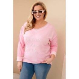 Moteriška Plus Size palaidinė su dekoruotu užrašu, šviesiai rožinės spalvos