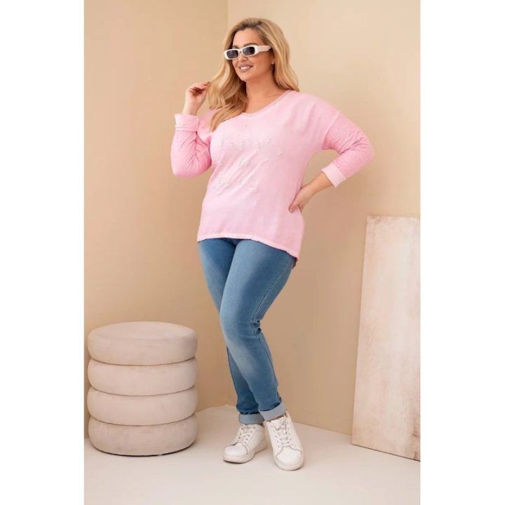 Moteriška Plus Size palaidinė su dekoruotu užrašu, šviesiai rožinės spalvos